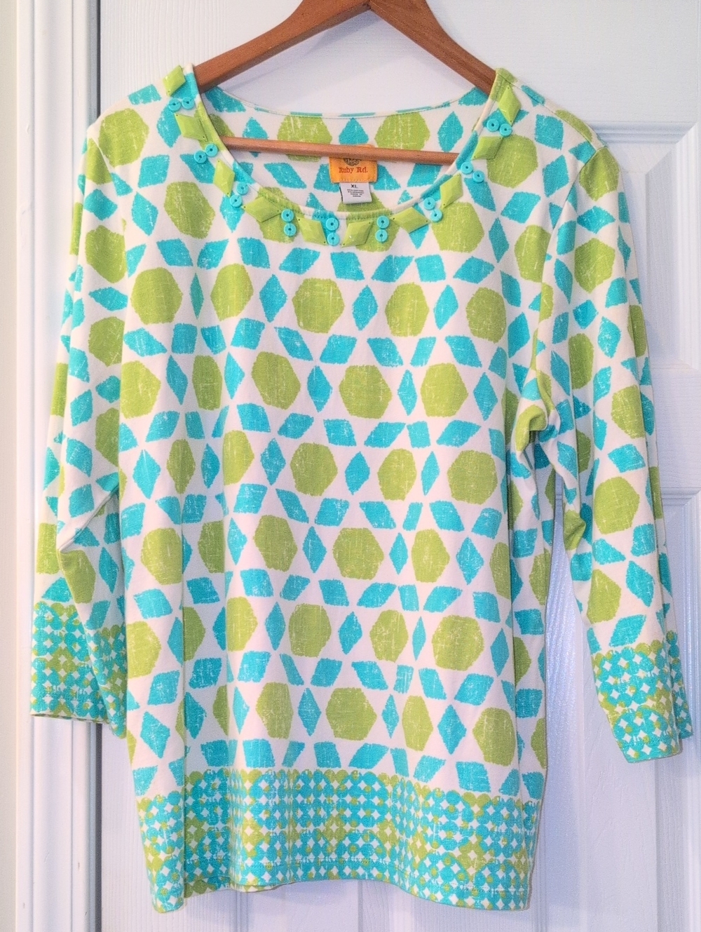 Ruby Rd. Geometric Scoop Neck Long Sleeve Top in Aqua and Lime